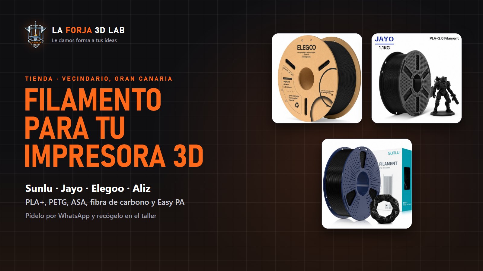 Bobinas de filamento Sunlu, Jayo y Elegoo para impresora 3D, a la venta en La Forja 3D Lab (Gran Canaria)